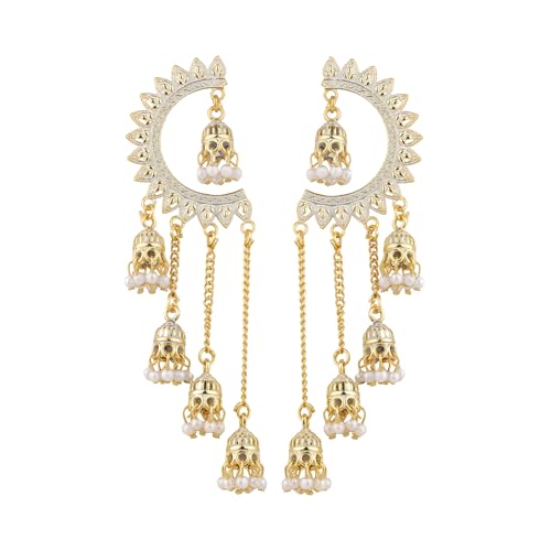 Image of WORLD CRAZE Multicolour long kashmiri jhumka for women chandbali earrings chand baliyan | kashmiri earrings for women | bahubali earrings stylish | Traditional Indian Festive Jewelry | Long Chain Tassels | Pearl Drop Latkan Jewellery (Multi colour)