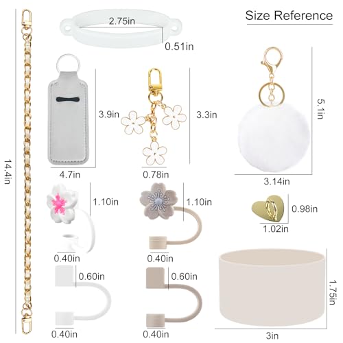 Velaco 11 PCS Accessories for Stanley Cup, Water Bottle Handle Strap for Stanley 30/40 oz tumbler with handle, including Straw Toppers, Silicone Cup Boot, Keychain Charms - White