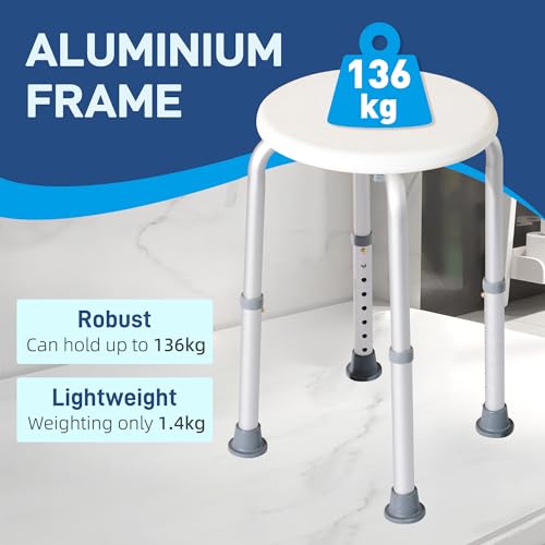 HOMCOM Shower Chair, Adjustable Height Shower Stool with Aluminium Frame and Non-Slip Feet, Bathtub Stool Seat for Elderly Disabled Handicap, White - Image 2