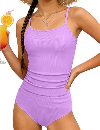 Image of AGAPENG Girls Swimsuit One Piece Ruched Solid Color Bathing Suit for Girls Ribbed Adjustable Straps Pad Swimwear 9-16Y