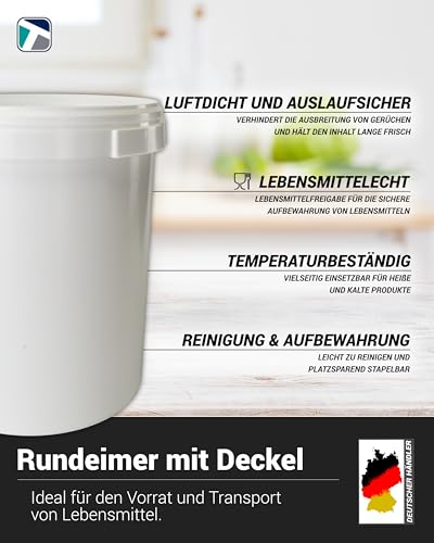 Trevendo 33 Liter Hobbock mit Deckel und Griffmulde, lebensmittelecht - luftdicht - stabil - stapelbar - Leereimer zur sicheren Lagerung inkl. Trevendo Beschriftungsetikett