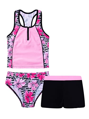 Kids Girls 3Pcs Swimsuit Floral Print Cami Tank Tops with Bottoms Shorts Swimwear Quick Dry Bathing Suit