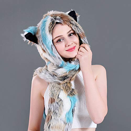 Hat,Women 3 in 1 Furry Animal Hat Scarf Gloves Mittens Multifunctional Rainbow Colorful Plush Hoodie with Paws Ears3