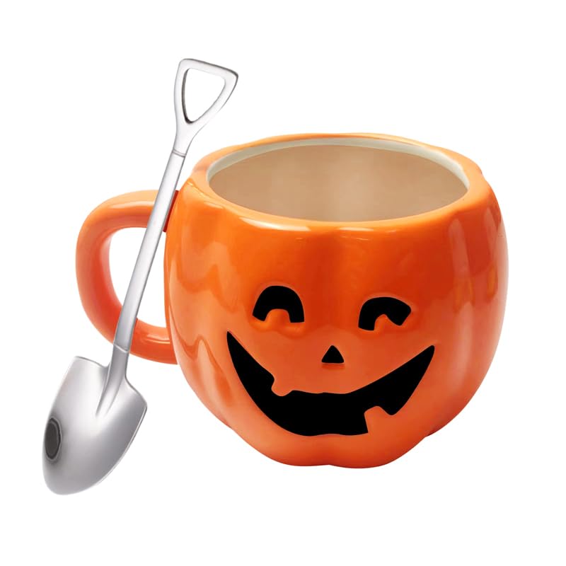 JQFOROVU Kaffeetasse mit Edelstahllöffel, 350 ml（11.8 OZ）, Keramik-Milchbecher, Kürbis-Tasse mit lustigem Lächeln, mikrowellen-, spülmaschinen- oder ofenfest.-Geschenk Mug