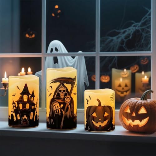 Image of Wondise Halloween Flameless Flickering Candles with 6 Hour Timer, Battery Operated Real Wax Halloween Candles Set of 3 Halloween Decoration Grim Reaper, Haunted House, Pumpkin (3 x 4 5 6 Inch)