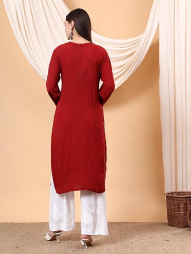 Image of POSHAK CHIKAN STUDIO Women's Hand Embroidered Lucknowi Chikankari Modal Straight Long Kurta, heer