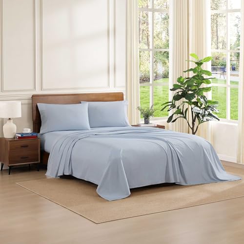 Image of Tommy Hilfiger - Full Size Sheets Set, Crisp & Tailored Cooling Sheets with a Cotton Percale Lightweight Feel - Bed Sheets with Matching Pillowcases & Fitted Sheet (Williamstown Stripe Blue)
