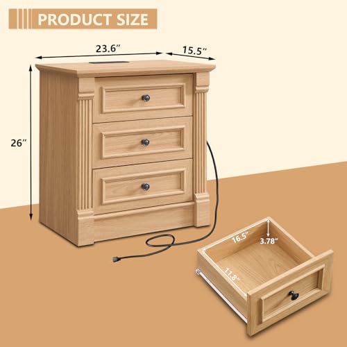 Image of Aitjunz 26 inch Tall Nightstand with Charging Station, Farmhouse 23.6 inch Wide Large End Table w /Roman Column, Wood Rustic Side Table w /Metal Handle, 3 Drawers Dresser for Bedroom, Living Room, Natrual