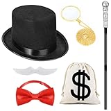 Kavoc 7Pack Gentleman Cosplay Costume Outfit Including Black Rich Man Top Hat Red Bow Tie White Moustache Canvas Money Bag for Halloween Dress Up Supplies