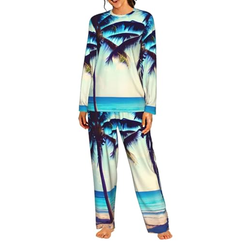 Pyjama long femme vêtement de nuit imprimé palmiers confortable