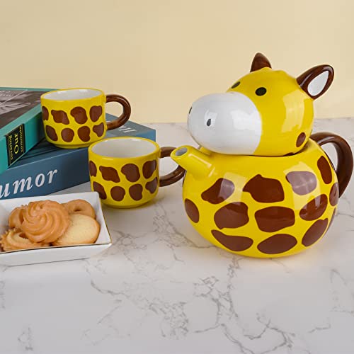 Koythin Cute Giraffe Teapot & Cup Set, Porcelain Tea Pot 17 Oz/500 Ml With Lid And 2-Piece Hand-Painted Ceramic Cup 3 Oz/100 Ml, Tea Set For Coffee Latte Milk (Yellow Giraffe) #TOP2