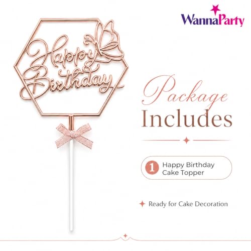 Image of Wanna Party Happy Birthday Cake Topper, Rose Gold Hexagon Frame with Butterfly & Bow, Birthday Cake Decoration Pick for Kids, Adults, Party Cakes & Dessert Table - 1PC