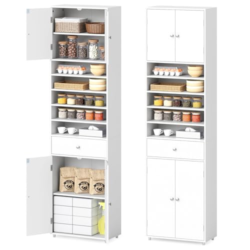 COSTWAY 180cm Tall Kitchen Cupboard, Buffet Pantry Storage Cabinet with 4 Door, Adjustable Shelves & Anti-tipping Device, Freestanding Sideboard Organizer for Home Dining Room (White)