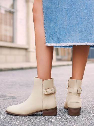 Coutgo Womens Ankle Boots Low Heel Chunky Stacked Pointed Toe Booties Buckle Strap Western Shoes3