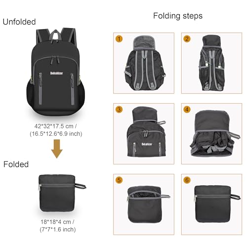 Bekahizar 20L Ultra Lightweight Backpack Foldable Hiking Daypack Rucksack Water Resistant Travel Day Bag for Men Women Kids Outdoor Camping Mountaineering Walking Cycling Climbing (Black) - Image 2