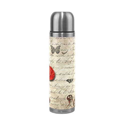 Eslifey Bouteille d'eau isotherme en acier inoxydable avec motif de coquelicot - 500 ml