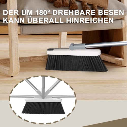 Mitclear Besen und Kehrschaufelset Set mit Langem Griff, 180° drehbare Kehrbesen Kehrmaschine und Haushalt Kehrschaufel Combo mit Aluminiumlegierung-lippe für die Reinigung von Haus, Büro, Lobby