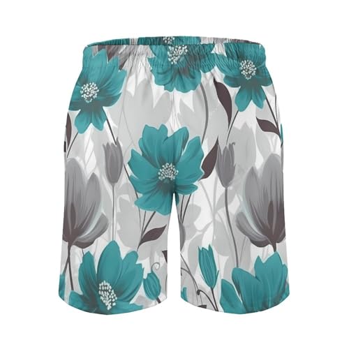 Teal Grey and White Floral Mens Swim Trunks Quick Dry Hawaii Bathing Suit Board Shorts with Mesh Lining-3