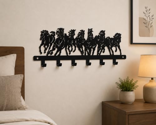 Image of Ventuos Metal Wall Mounted Key Holder with 6 Hooks, Seven Horse Design, Key Organizer for Home Office Bedroom Entryway