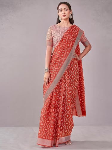 Image of Satrani Women's Chanderi Printed & Embroidery Saree with Unstitched Blouse Piece
