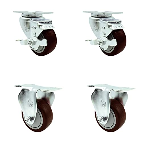 Stainless Steel Polyurethane Swivel Top Plate Caster Set of 4 w/3