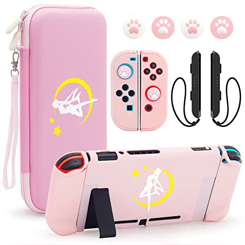 BRHE Switch Tasche Hülle Case für Switch Reisezubehör Tragetasche Kit mit 2 Daumengriffkappen und gehärteter Folie (Rosa) Cover