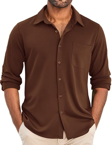 COOFANDY Men's Stretch Button Down Shirts Muscle Fit Long Sleeve Solid Shirts Brown, Medium