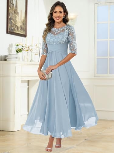 TORYEMY Tea Length Mother of The Bride Dresses for Women Lace Appliques Chiffon Formal Wedding Guest Dress with Sleeves3