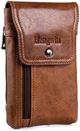 Phone Holster Belt Case with Belt Clip, Genuine Leather Belt Pouch Cell Phone Holder Fit for iPhone 16 Plus 15 Pro Max 14 Pro Max Samsung Galaxy S25 Plus (Fit Cellphone with Case On) (Brown)