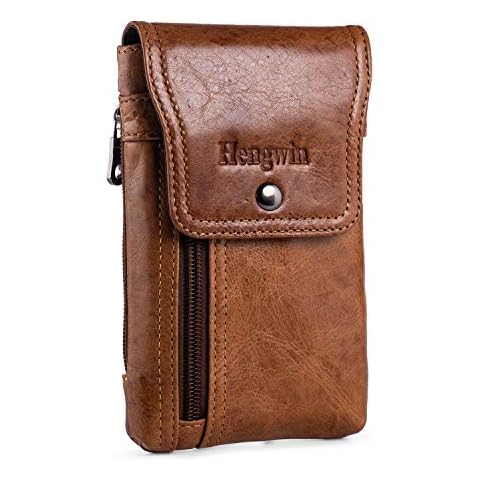 Hengwin Genuine Leather iPhone 14 Holster Case, Vertical Waist Cellphone Holder for 13 12 11 Pro Max Xs Max XR 7 Plus 8 Plus 6s Plus Smartphone Belt Clip Case (Brown) Cover