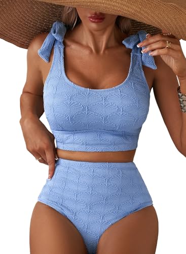 Herseas Womens Bikini Sets Seashell Textured 2 Piece Tie Straps Scoop Neckline Swimsuit High Waisted Slimming Stretchy Padded 2026 Summer Bathing Suits Modest Cruise Essentials Sky Blue Large