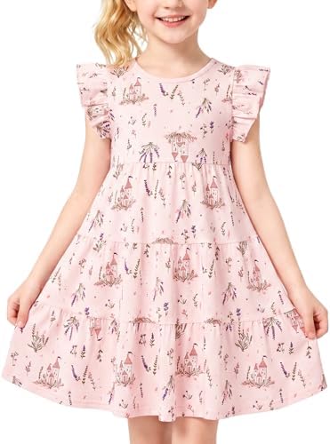BliBliTaTa Girls' Casual Dress,Soft Comfort Cotton Tagless Kids Short Sleeve,Breathable Tiered Ruffle Swing A-Line Midi Teen Sundress Size 2T 3T 4T 5 6 7 8 9 10 12 13 Castle Lotus Pink-6-7y