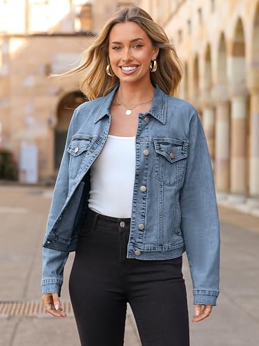 Glamaker Womens Jean Jacket 2025 Basic Trendy Long Sleeve Denim Jackets Button Down Fitted Trucker Shacket with Pockets3