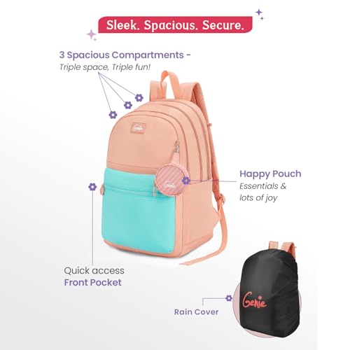 Image of Genie Chique Casual Backpack For Girls |18 In-27 Ltr with Laptop Sleeve, Rain Cover and Three Compartments with Padded Shoulders |Best for Books,Stationery,Lunch Box & Essentials - Teal