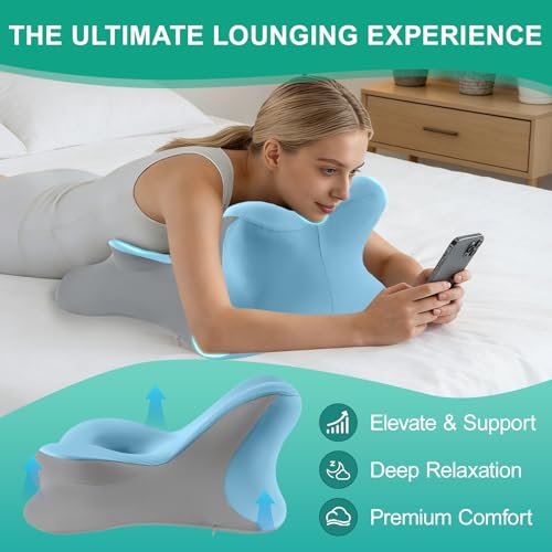 Image of MOONYOOY Ergonomic Reading Pillow for Bed, Premium Memory Foam Wedge Pillow for Prone, Leaning & Back Support, Cooling Ice Silk Cover for Couch & Headboard Relaxation, Sky Blue
