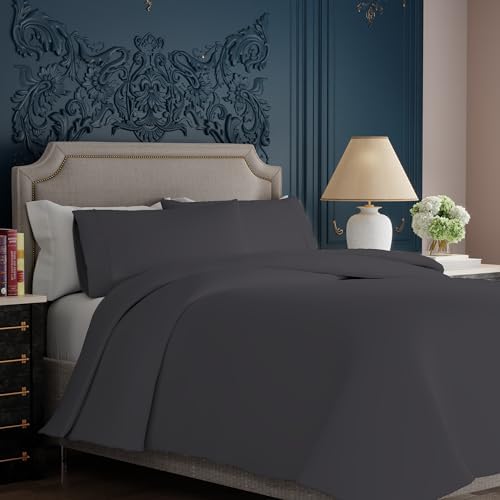 COLOR SENSE Dark Grey Double Bed Duvet Cover Set, 300 Thread Count 100% Cotton, Wrinkle-Resistant, Ultra-Soft & Silky, 200x200 Double Size Sateen Quilt Cover with Button Closure