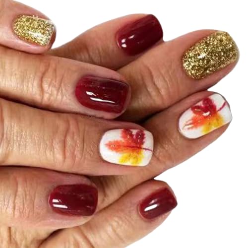 ドホコール メープルリーフ人工爪 キラキラ光るフルカバー ネイルに貼る ショートスクエアつけ爪 女性用プレスオンネイル