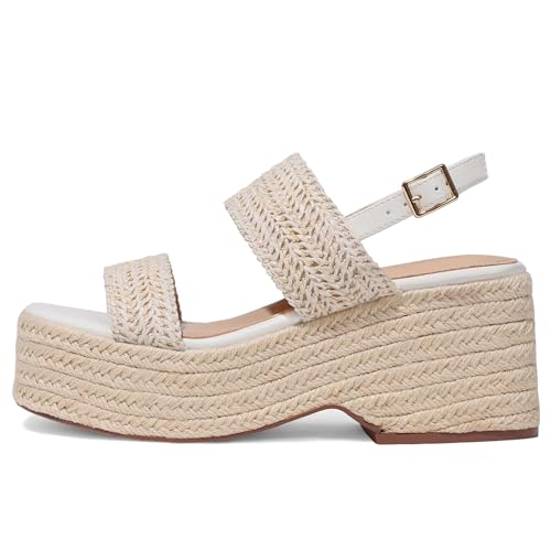 Image of EQAUDES Platform Sandals Women Open Toe Ankle Strap Summer Wedge Espadrille Sandals Cute Beach Straw Raffia Woven Sandals Comfortable Vacation Dress Shoes