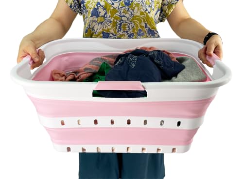 Image of SAMMART 42 (11 Gallons) Collapsible Plastic Laundry Basket, Foldable Pop Up Storage Container /Organizer, Space Saving Hamper, Portable Bin for Dorm Room Bathroom (1, White /Cherry Pink)