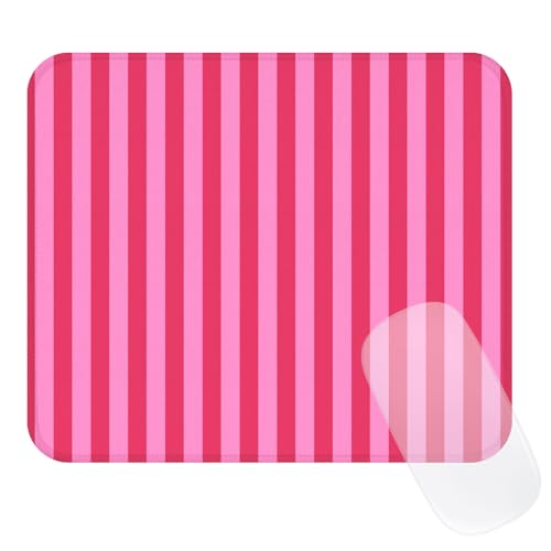 Image of Square Cute Striped Mouse Pad with Stitched Edge, Premium Waterproof Cloth Aesthetic Small Stripe Mouse Mat, Non-Slip Rubber Base Funny Mousepad Desk Accessories,Striped Hot Pink
