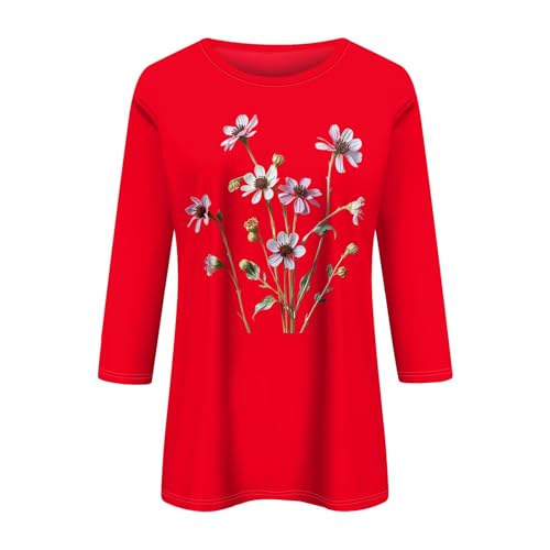 HTHLVMD Womens 3/4 Length Sleeve Tops 2025 Fall Fashion Floral Print Crewneck Causal Trendy Tunic Tops for Women