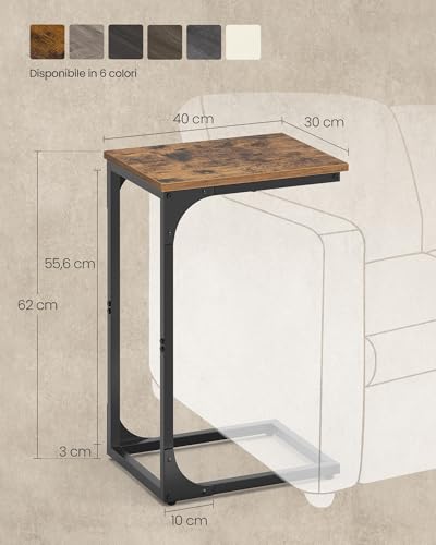 VASAGLE Tavolino Supplemento Punta del Divano, Comodino a C, Piano Televisione, per Soggiorno, Camera, Stile Industriale, Marrone Rustico e Nero LET350B01 - Immagine 2