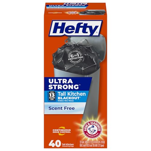 Hefty Ultra Strong 13 Gallon Trash Bags, Black Tall Kitchen Trash Bags 13 Gallon Size, Break Resistant Drawstring Enclosure, Continuous Odor Control, Blackout, Unscented, 40 Bags