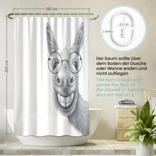 arteneur® - Hipster Esel - Anti-Schimmel Duschvorhang 180x200 - Öko-Tex Standard 100 - Beschwerter Saum, Blickdicht, Wasserdicht, Waschbar, 12 Ringe