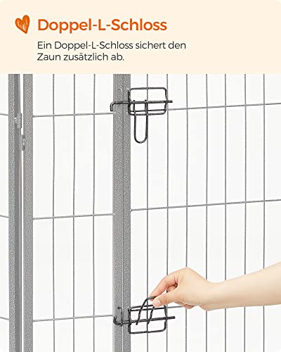 Feandrea Freilaufgehege, Laufstall DIY, mit 8 Gitterplatten je 77 x 100 cm, 2 L-förmige Riegel, transportabel, für innen und außen, Haustiere ohne Halsband, grau PPK81G