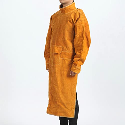 Delantal de ropa de trabajo de cuero de vaca Soldadura Ropa protectora Resistente al calor y al fuego Soldadores Ropa de soldadura Delantal con mangas (120 cm)