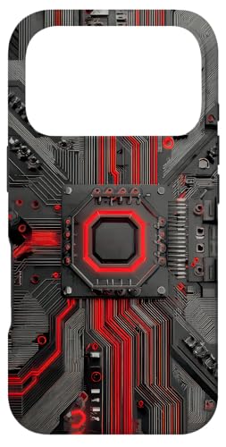 Red and Black Circuit Board Design with Tech Line Art Case for iPhone 17 Pro