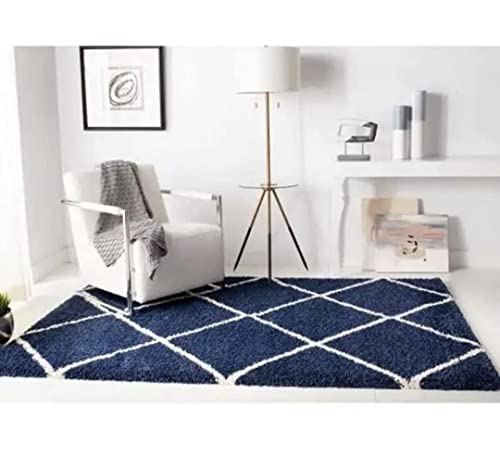 Image of AROMICK Modern Polyester Anti Slip Shaggy Fluffy Rug and Carpet for Living Room, Bedroom & Dining Room (4 x 6 Feet, Blue Ivory Box)