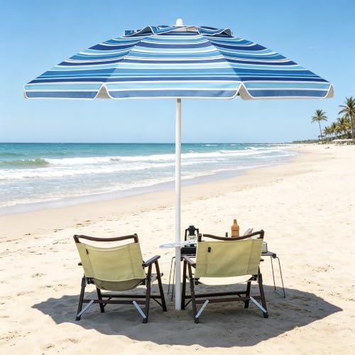 Aoxun 8 FT Beach Umbrella with Tilt Pole, Portable Sand Anchor and Carry Bag, UPF 50+ Sun Shelter Air Vents Design for Outdoor (Navy Blue & White)