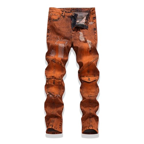 CYZYYX Ripped Jeans Men Mens Jeans Slim Fit Ruged Motorcycle Denim Pants with Ripped & Patch Details Stretch Slim Fit for Comfort(Retro Orange)
